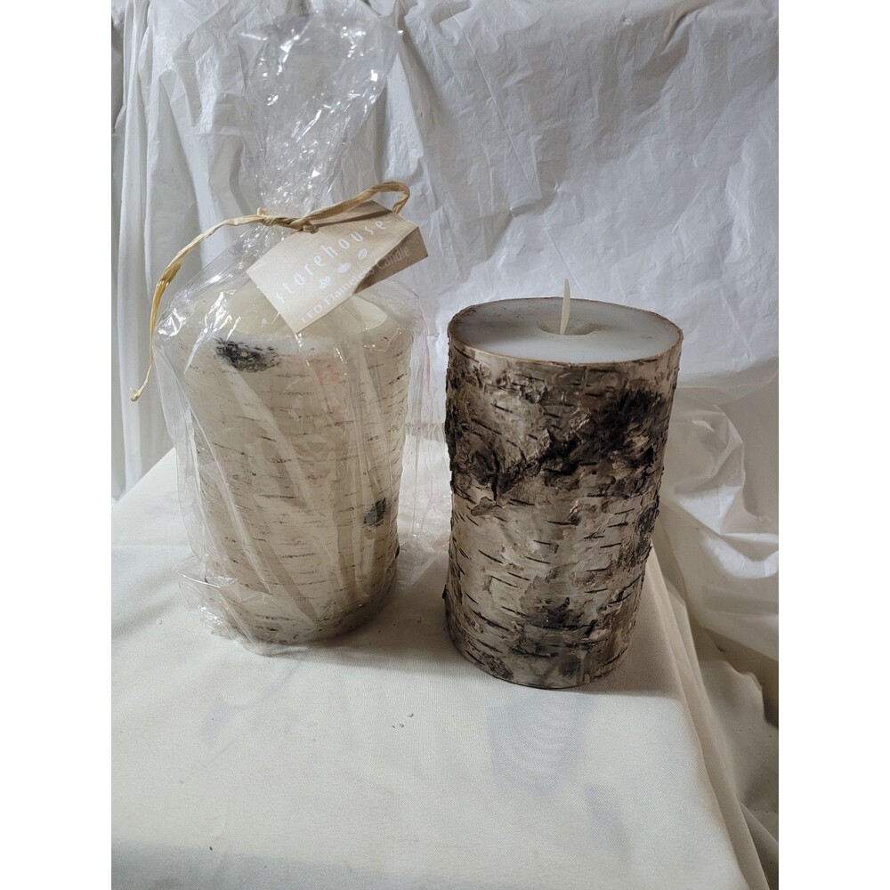 2 Birch Bark Flameless Pillar Candles, Flickering Rustic Battery
